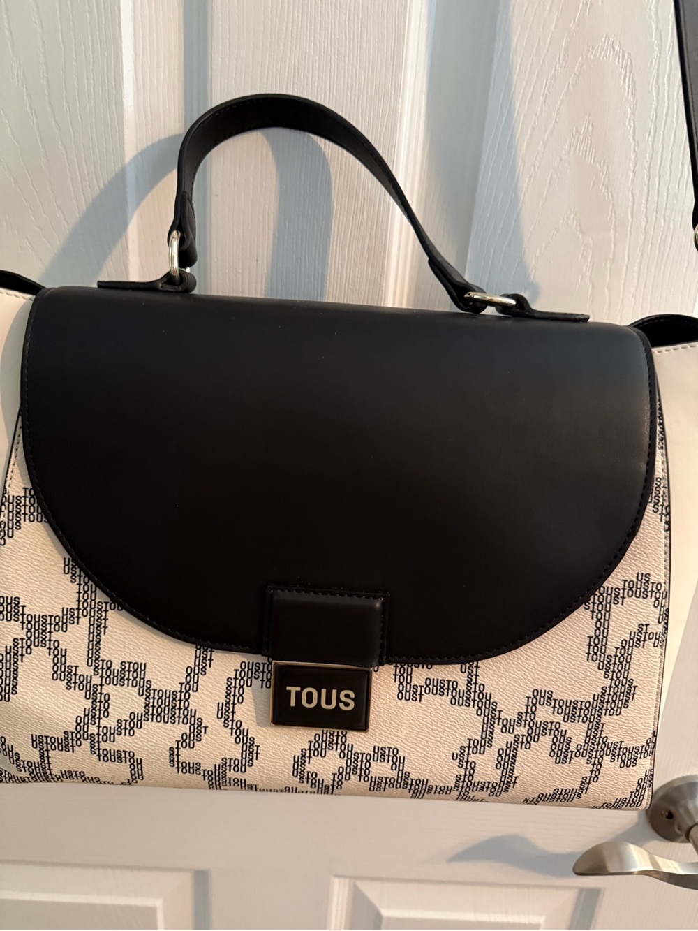 TOUS Black and Cream Logo Top-Handle Satchel with Gold Plaque